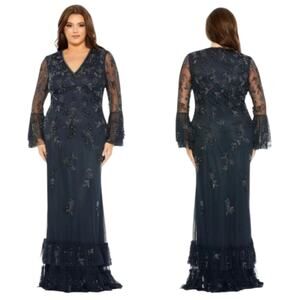 Mac Duggal 9239 Navy Beaded V Neck Bell Sleeve Ruffle Formal Gown Size 16W NWOT